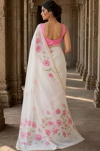 Off white floral linen blend designer block print saree