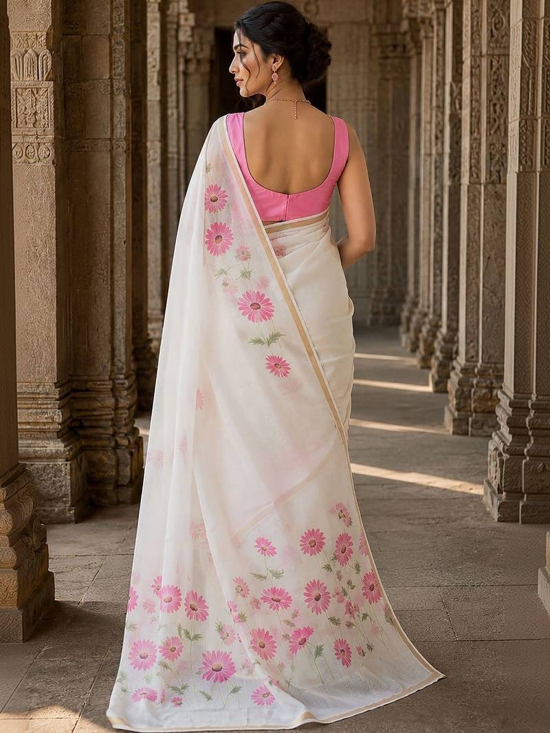 Off white floral linen blend designer block print saree