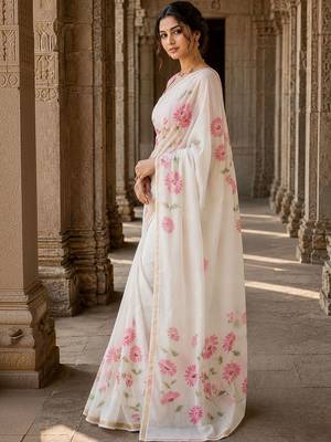Off white floral linen blend designer block print saree 4