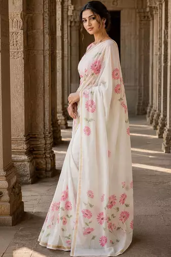 Off white floral linen blend designer block print saree
