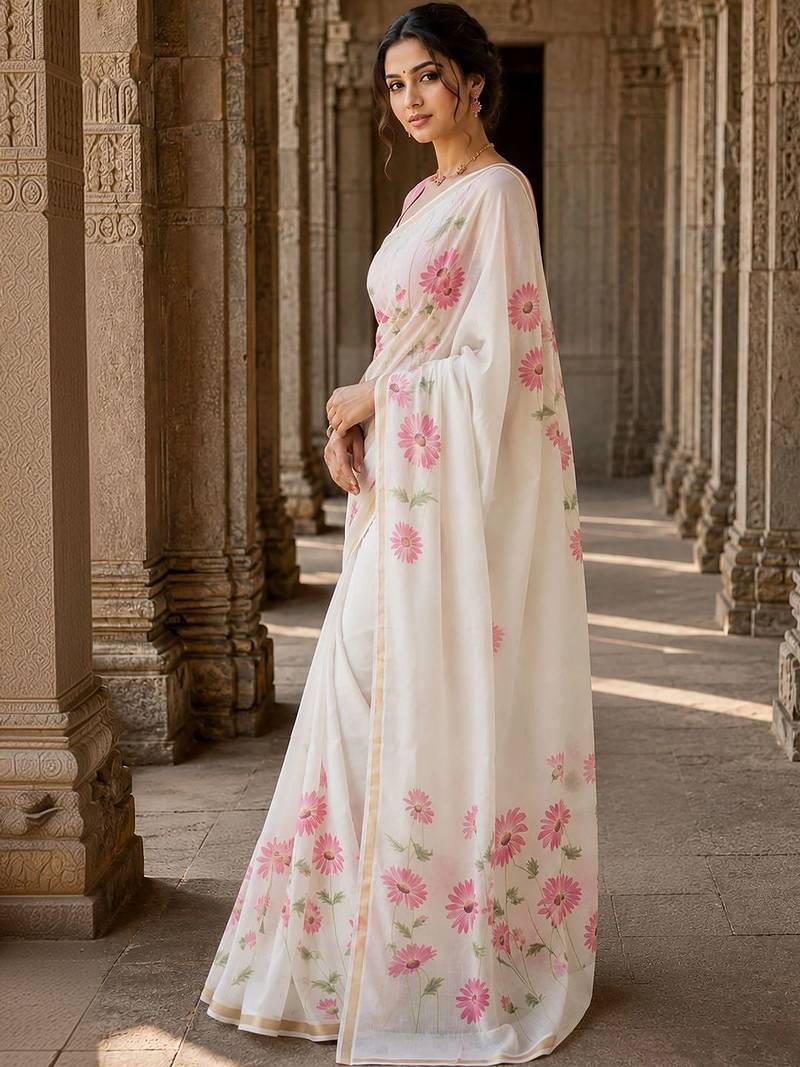 Off white floral linen blend designer block print saree