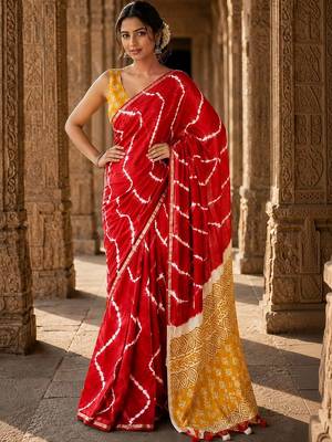 Red tie and dye linen blend designer block print saree 1