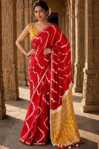 Red tie and dye linen blend designer block print saree