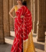 Red tie and dye linen blend designer block print saree