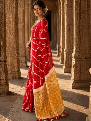 Red tie and dye linen blend designer block print saree 2