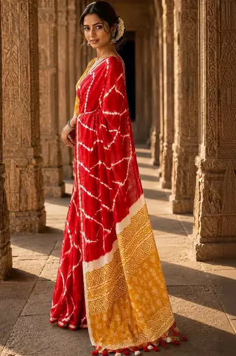 Red tie and dye linen blend designer block print saree