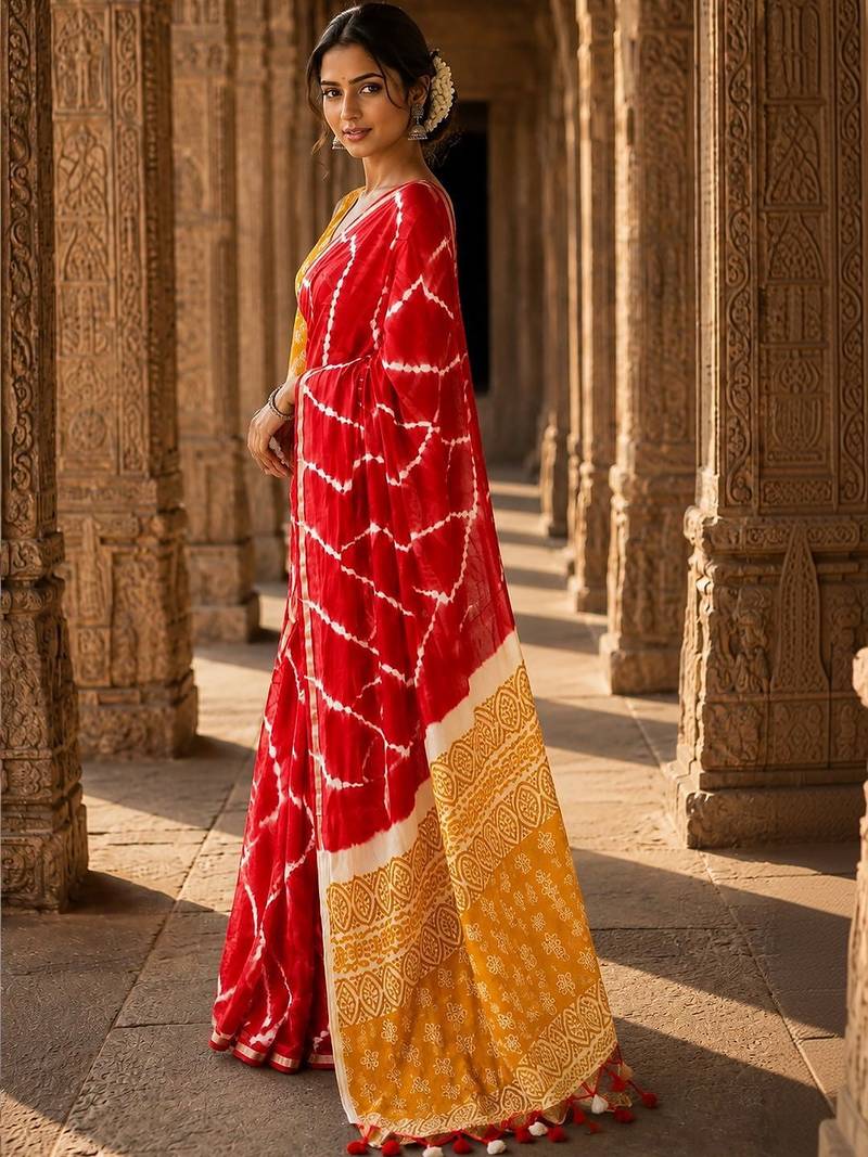 Red tie and dye linen blend designer block print saree