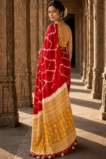Red tie and dye linen blend designer block print saree