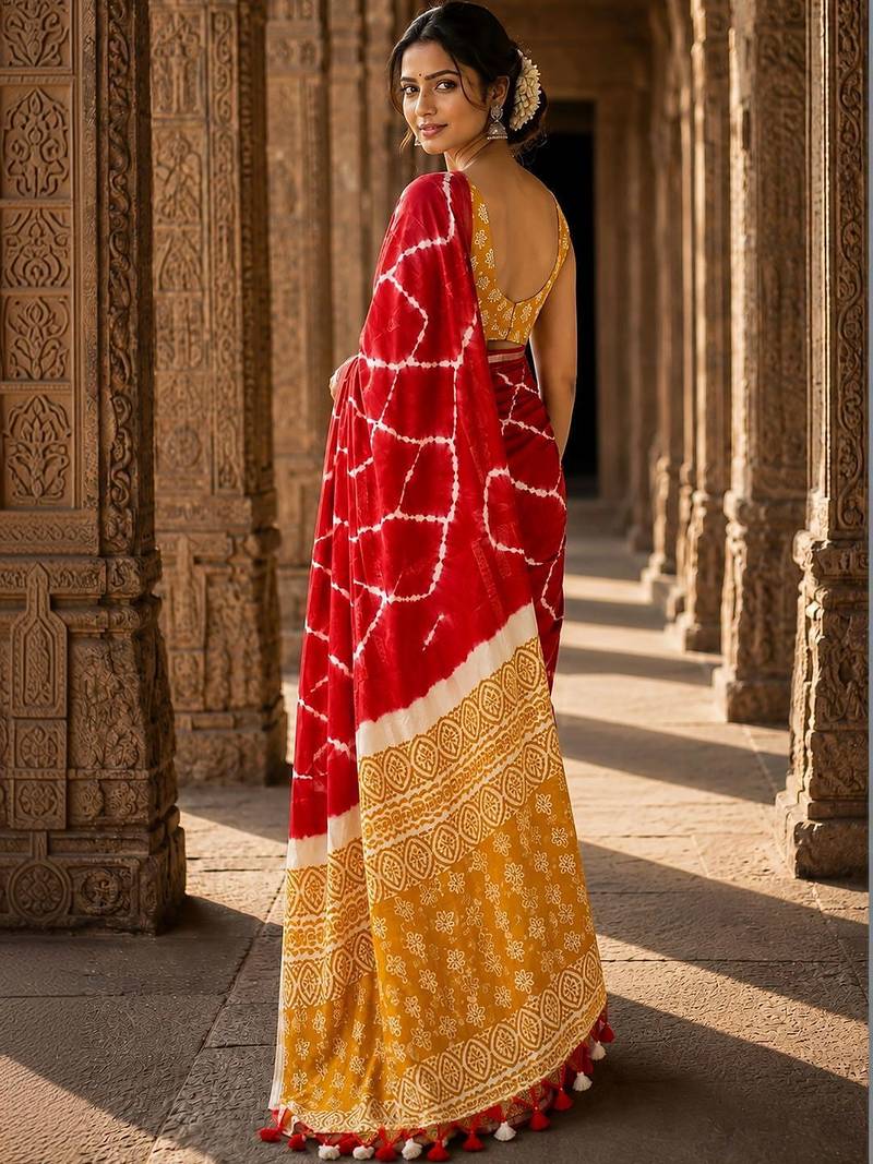 Red tie and dye linen blend designer block print saree