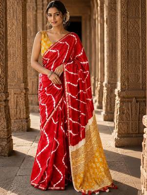 Red tie and dye linen blend designer block print saree 4