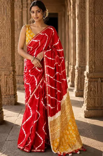 Red tie and dye linen blend designer block print saree