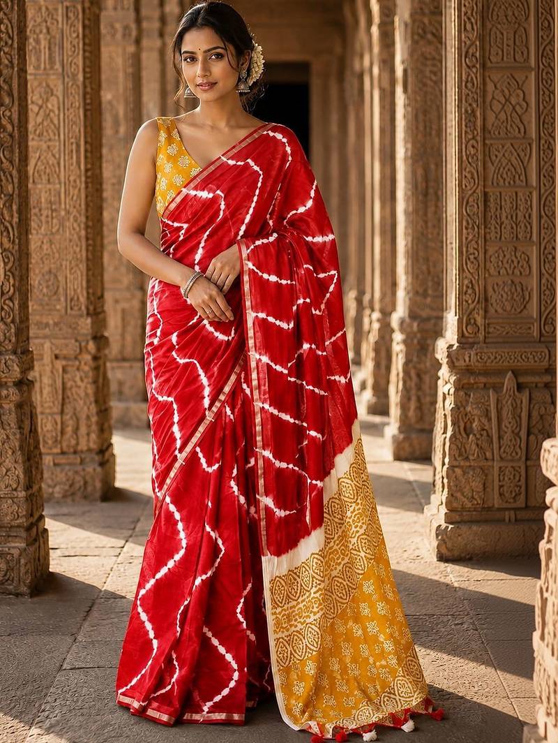 Red tie and dye linen blend designer block print saree