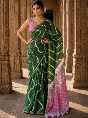 Green bandhani linen blend designer block print saree 1