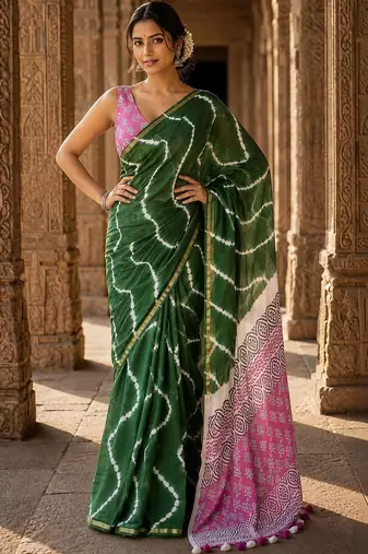 Green bandhani linen blend designer block print saree