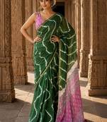 Green bandhani linen blend designer block print saree