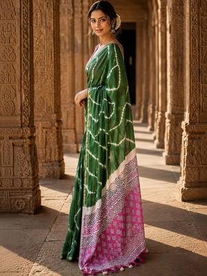 Green bandhani linen blend designer block print saree 2