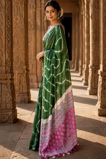 Green bandhani linen blend designer block print saree
