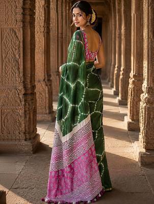 Green bandhani linen blend designer block print saree 3
