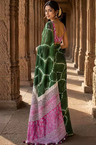 Green bandhani linen blend designer block print saree