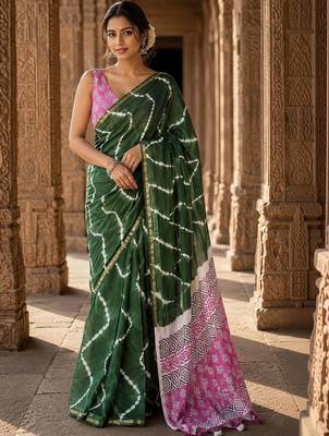 Green bandhani linen blend designer block print saree 4