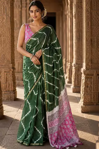 Green bandhani linen blend designer block print saree