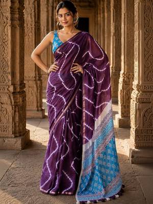 Purple tie and dye linen blend designer block print saree 1