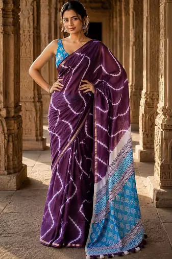 Purple tie and dye linen blend designer block print saree