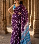 Purple tie and dye linen blend designer block print saree
