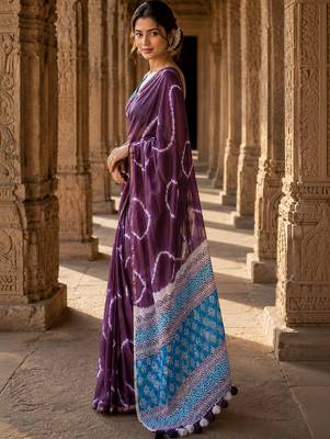 Purple tie and dye linen blend designer block print saree 2