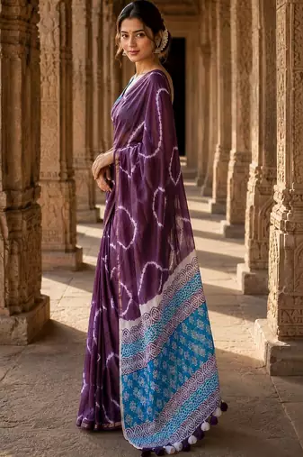 Purple tie and dye linen blend designer block print saree
