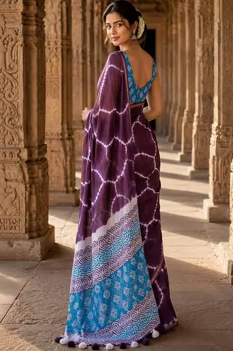Purple tie and dye linen blend designer block print saree