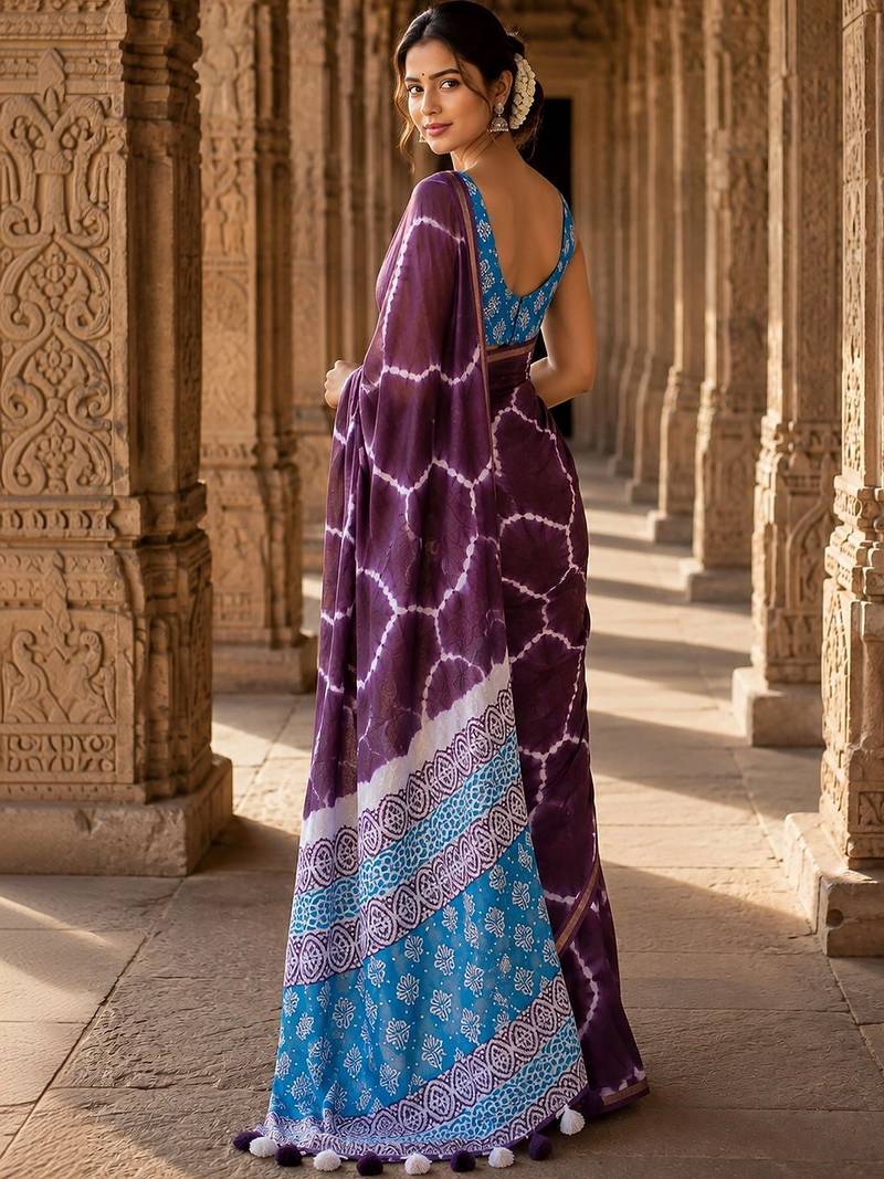 Purple tie and dye linen blend designer block print saree