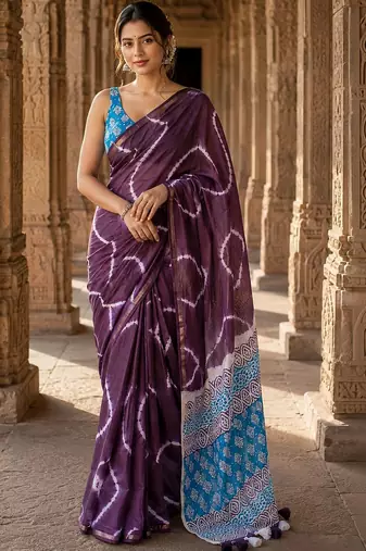 Purple tie and dye linen blend designer block print saree