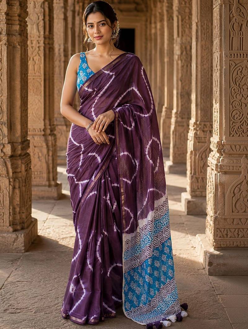 Purple tie and dye linen blend designer block print saree