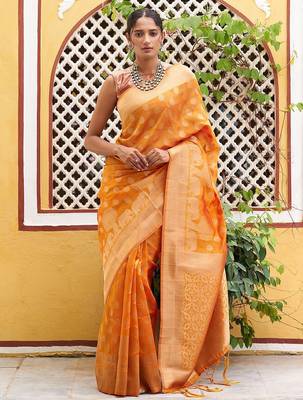 Yellow yellow organza  dual tone ethnic motif saree with unstitched blouse piece 1
