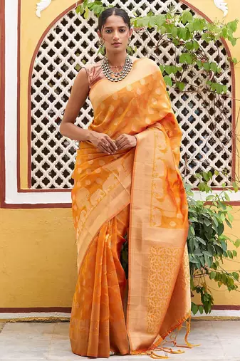 Yellow yellow organza  dual tone ethnic motif saree with unstitched blouse piece