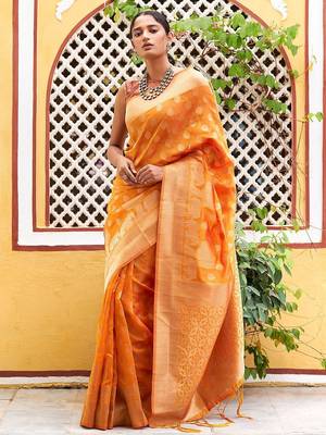 Yellow yellow organza  dual tone ethnic motif saree with unstitched blouse piece 2