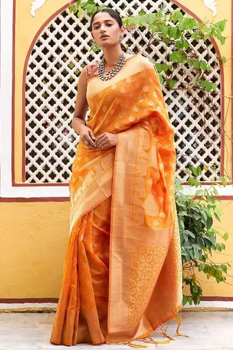 Yellow yellow organza  dual tone ethnic motif saree with unstitched blouse piece