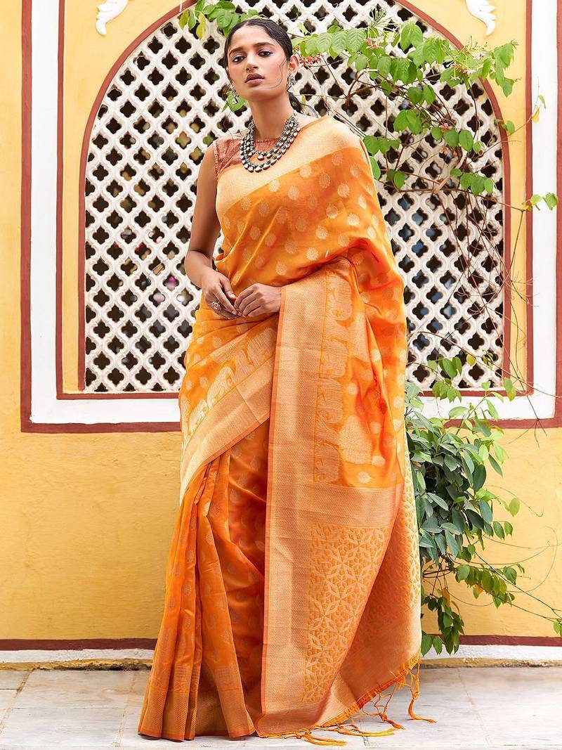 Yellow yellow organza  dual tone ethnic motif saree with unstitched blouse piece