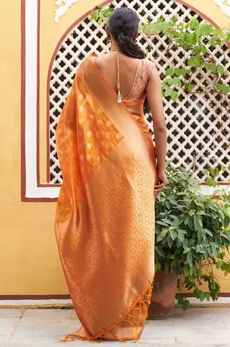 Yellow yellow organza  dual tone ethnic motif saree with unstitched blouse piece