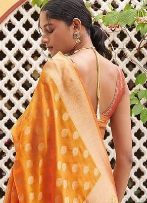 Yellow yellow organza  dual tone ethnic motif saree with unstitched blouse piece 4