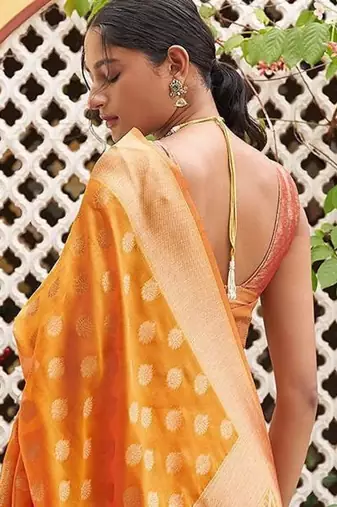 Yellow yellow organza  dual tone ethnic motif saree with unstitched blouse piece