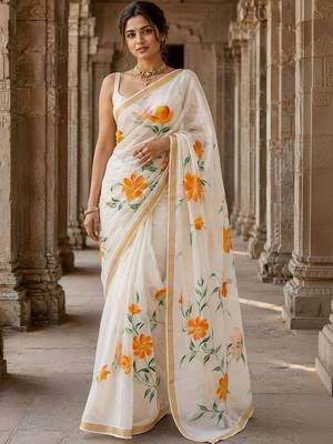 Off white floral linen blend designer block print saree 1