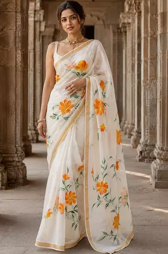Off white floral linen blend designer block print saree