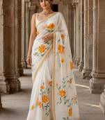 Off white floral linen blend designer block print saree