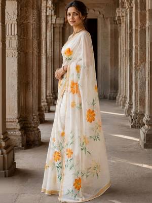 Off white floral linen blend designer block print saree 2
