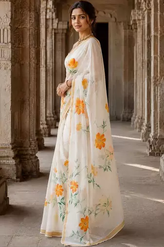 Off white floral linen blend designer block print saree