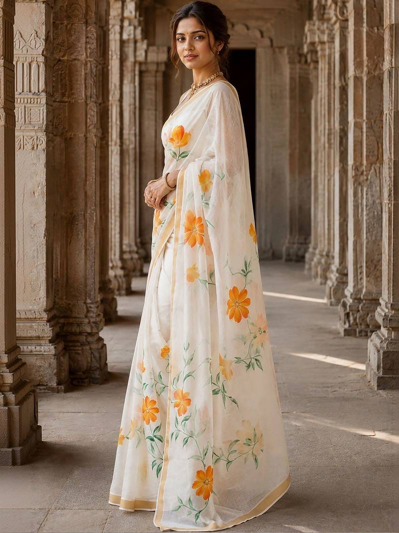 Off white floral linen blend designer block print saree