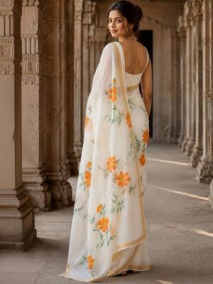 Off white floral linen blend designer block print saree 3