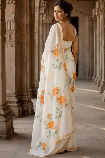 Off white floral linen blend designer block print saree